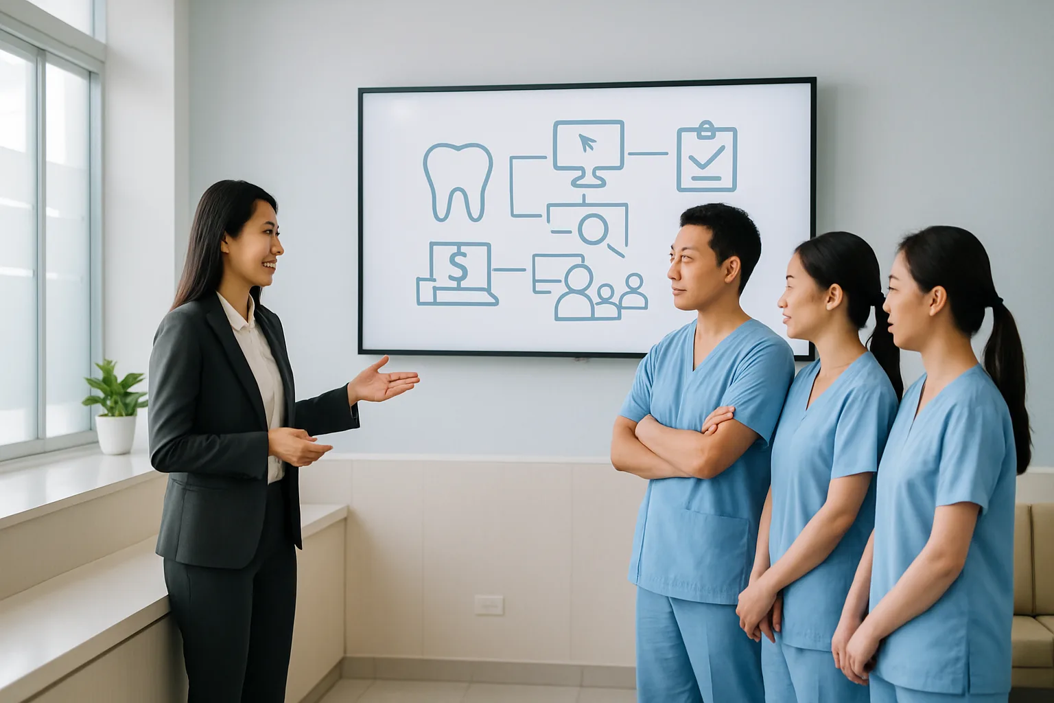 Ảnh tổng quát đội ngũ nha sĩ và quản lý trao đổi về giá phần mềm quản lý nha khoa tại phòng khám hiện đại