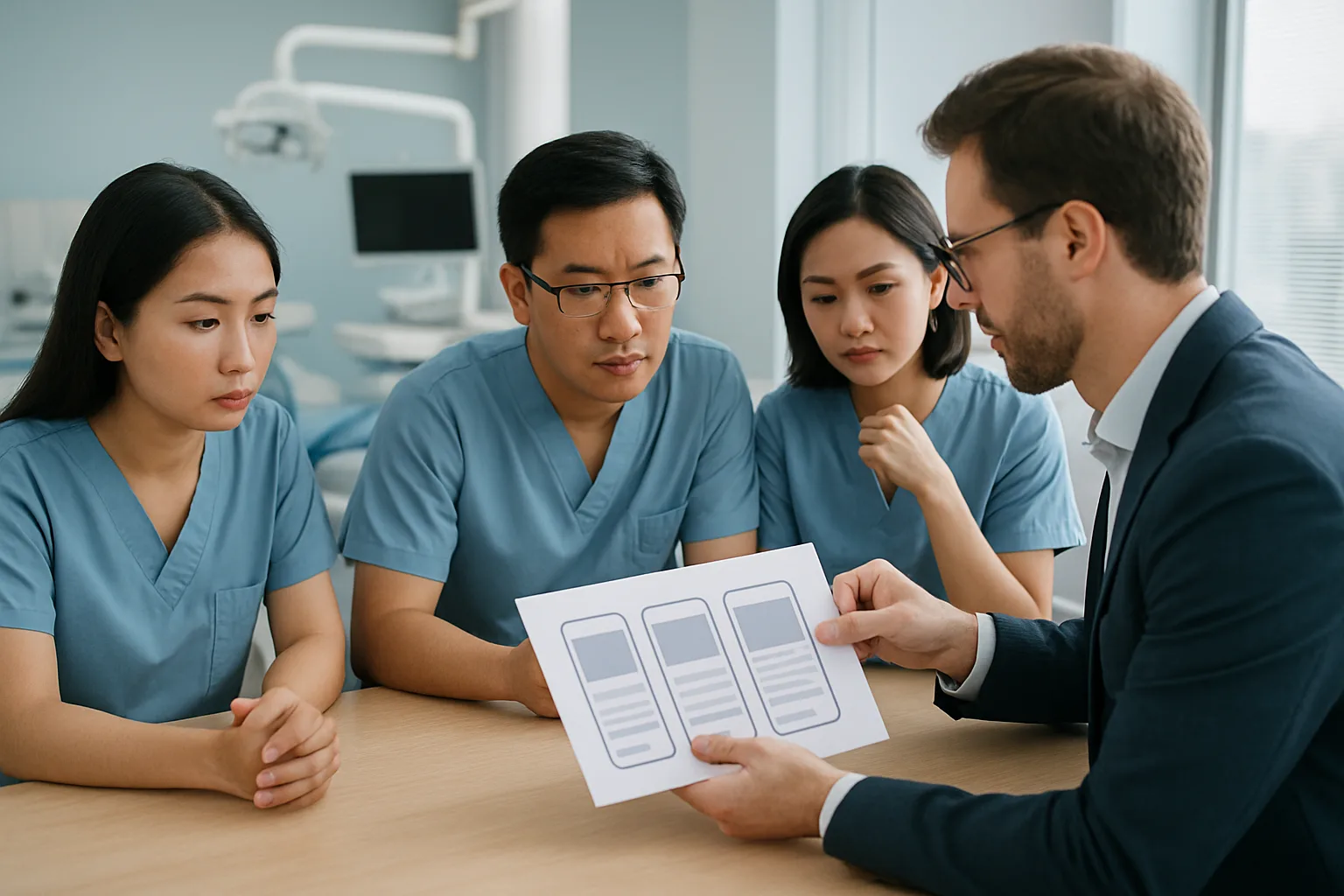 Nhóm nha sĩ và tư vấn viên so sánh các mô hình tính phí phần mềm trong phòng họp
