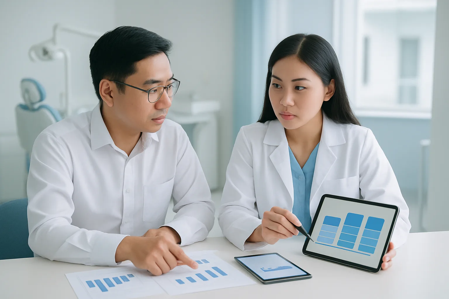 Hai quản lý phòng khám đang so sánh bảng giá phần mềm quản lý nha khoa theo từng quy mô
