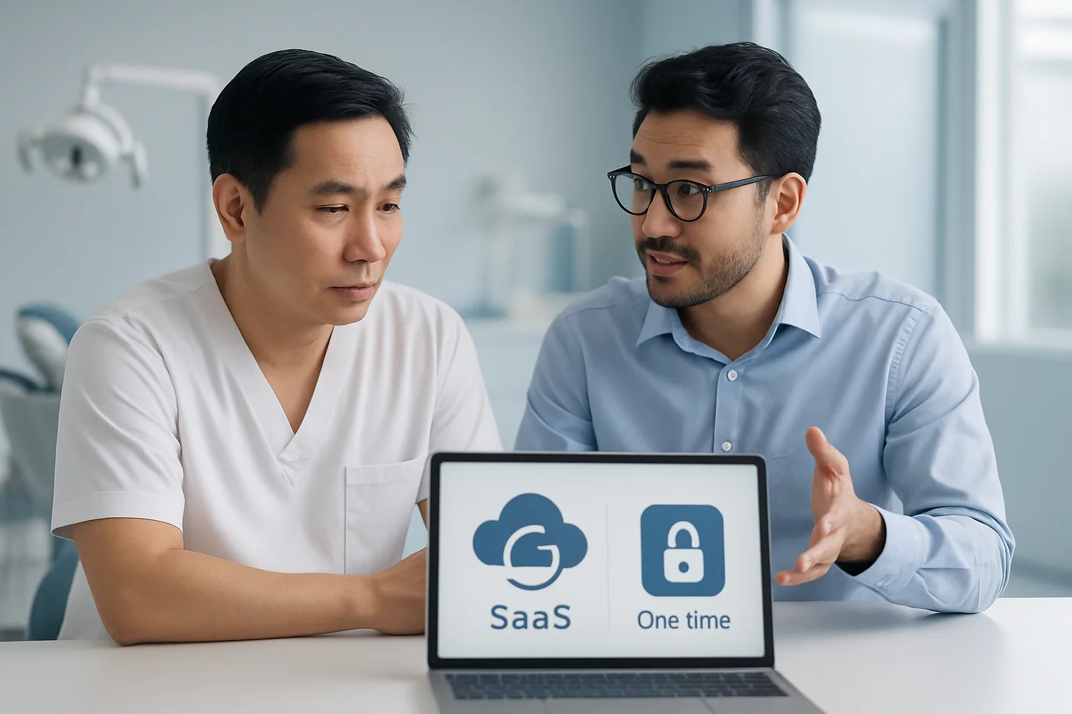 Chủ phòng khám trao đổi với chuyên gia về lựa chọn phần mềm SaaS hay mua trọn đời
