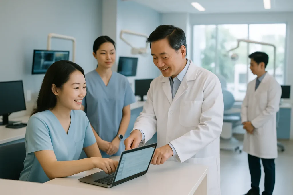 Toàn cảnh phòng khám nha khoa nhỏ hiện đại với đội ngũ bác sĩ và lễ tân đang trao đổi trước máy tính