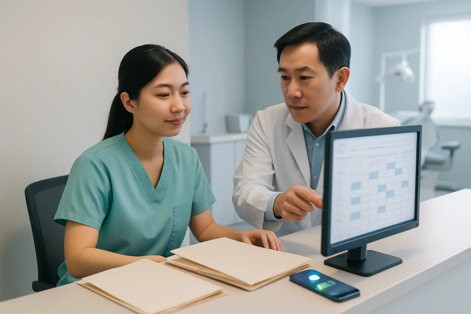 Lễ tân phòng khám đang xem lịch hẹn và nhắc hẹn bệnh nhân cùng bác sĩ qua máy tính