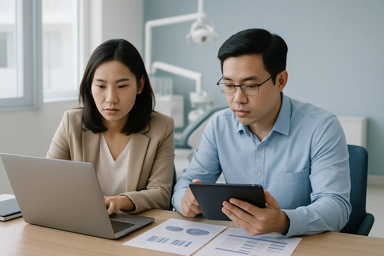 Chủ phòng khám so sánh gói giá phần mềm quản lý nha khoa trên laptop và giấy tờ