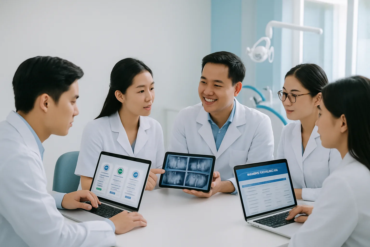 Nhóm nhân viên phòng khám nhỏ đang cùng so sánh các phần mềm quản lý nha khoa khác nhau