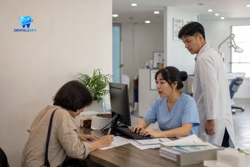 Quầy lễ tân phòng khám đang dùng phần mềm quản lý nha khoa tốt nhất để tra cứu lịch