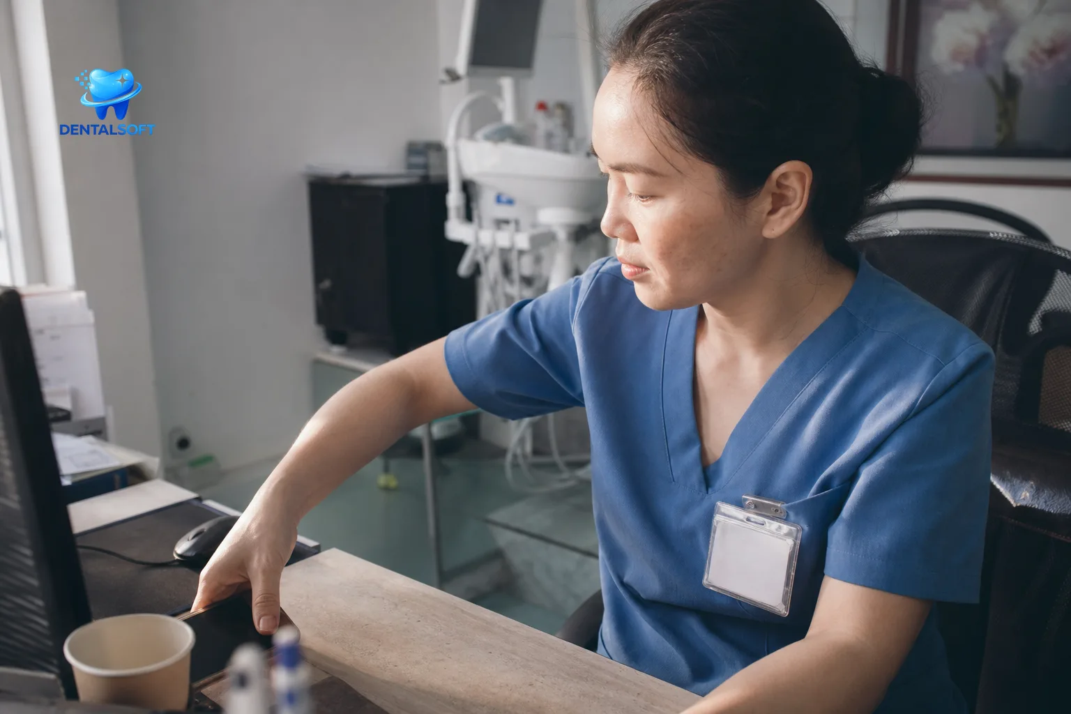Lễ tân đang đăng ký tài khoản dùng thử DentalSoft trên điện thoại