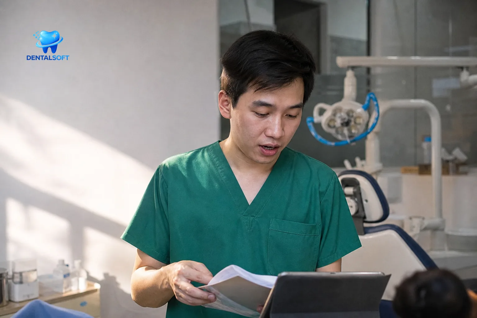 Bác sĩ mô phỏng quy trình dùng thử phần mềm quản lý nha khoa trong ca khám