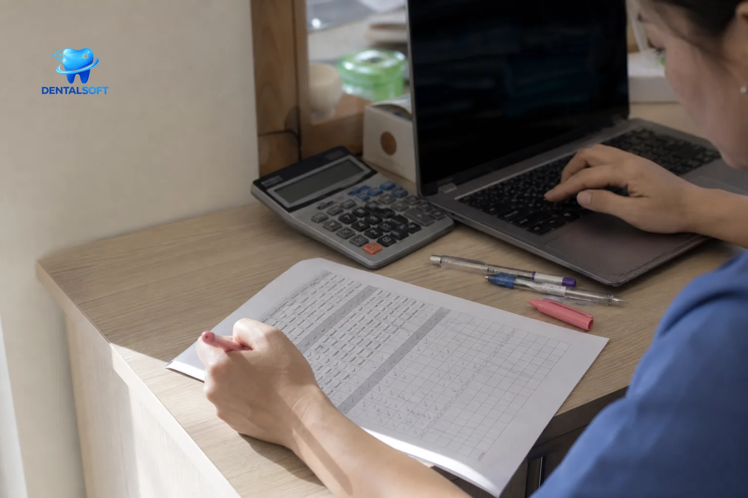 Nhân viên phòng khám đánh dấu checklist đánh giá phần mềm trên bàn