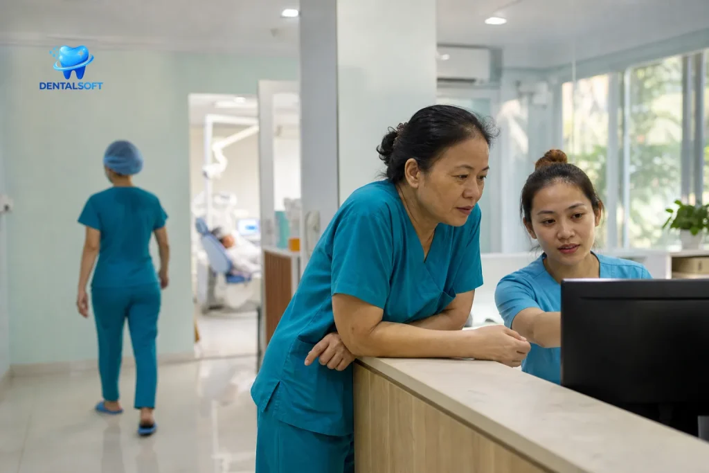 Quầy lễ tân phòng khám với nhiều nhân viên đang vận hành phần mềm quản lý chuỗi nha khoa