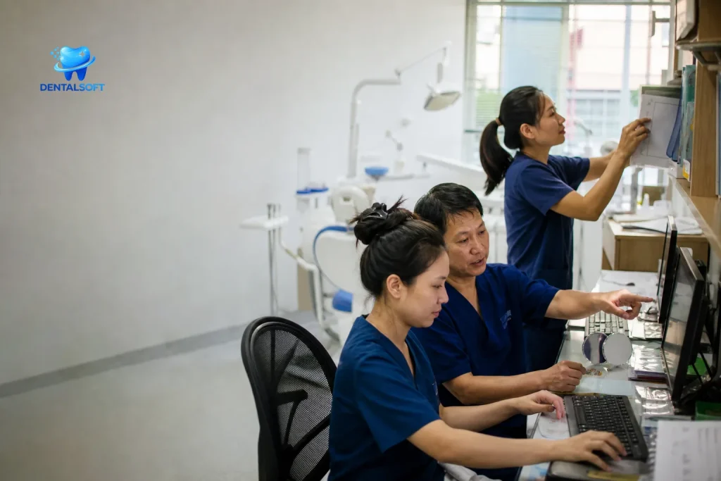 Khung cảnh tổng thể phòng khám với ba nhân viên sử dụng phần mềm quản lý phòng khám răng hàm mặt