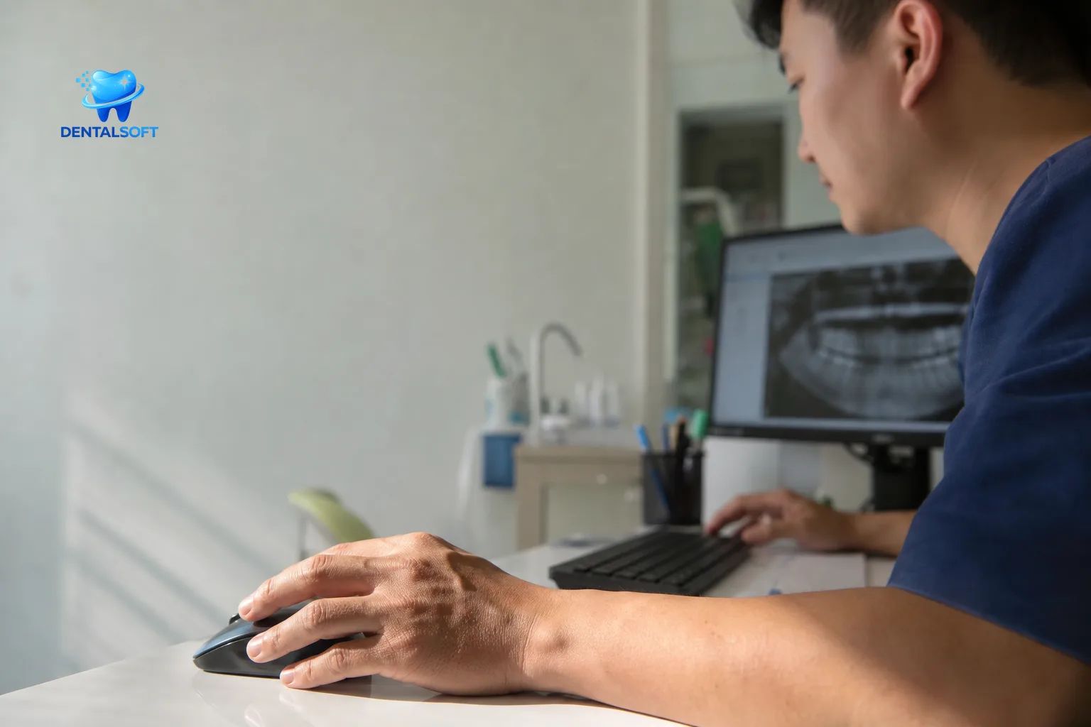 Bàn tay bác sĩ đăng ký lịch hẹn trên phần mềm quản lý phòng khám răng hàm mặt