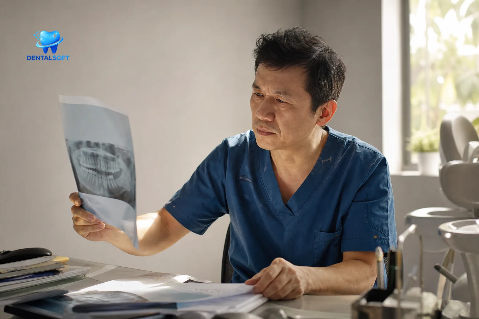 Bác sĩ nam đang đối chiếu phim X-quang và hồ sơ bệnh án tại nơi làm việc