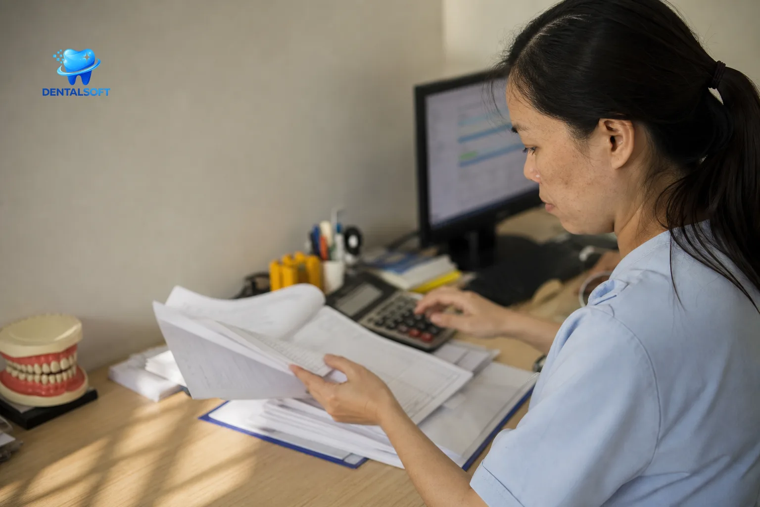 Nhân viên lễ tân đang nhập liệu chi phí khám trên máy tính bảng